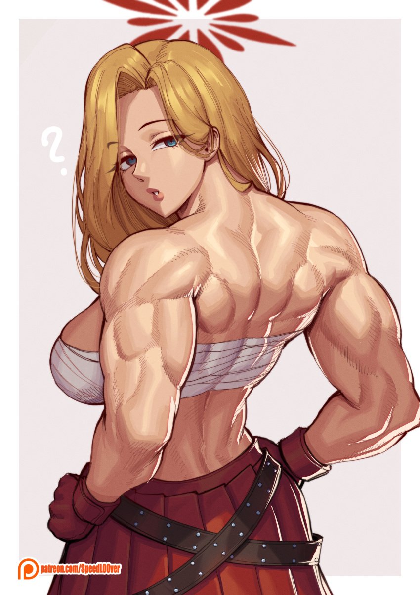 1girls akemi_(blue_archive) back back_view bare_arms bare_shoulders big_breasts blonde_hair blue_archive clothed clothing color female female_focus female_only fit_female green_eyes hi_res large_breasts light-skinned_female light_skin long_hair looking_at_viewer muscles muscular muscular_arms muscular_back muscular_female solo solo_female speedl00ver tagme thick_thighs