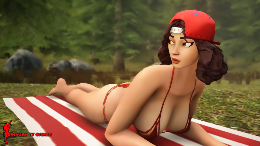 1girls 3d ass bikini black_hair brown_eyes brown_hair brown_skin brunette bubble_ass bubble_butt butt cap cheerleader curly_hair eyelashes eyeliner female fortnite hat looking_back naughty_gamer necklace red_hat slim tagme thong thong_bikini thong_panties triple_threat