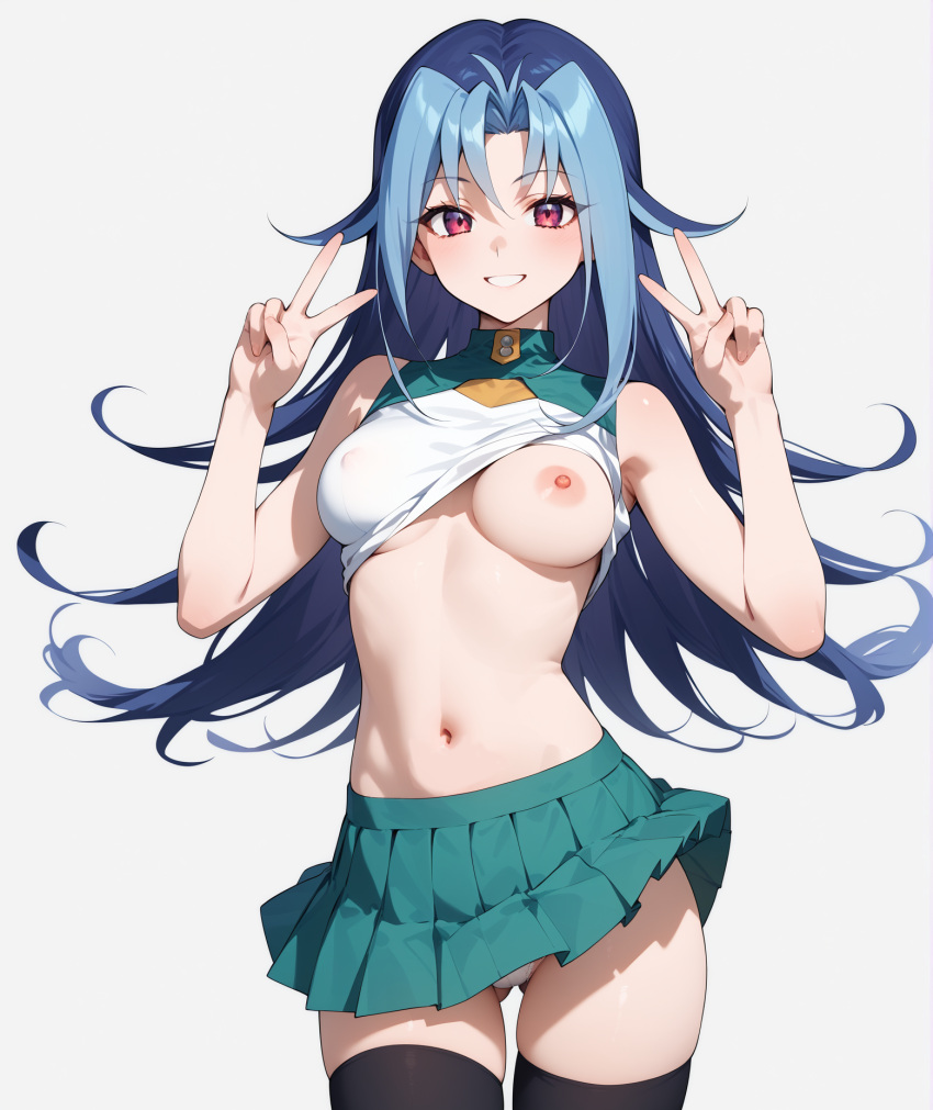 areolae blue_hair blush breasts clothing edit female gwess_(artist) kamishiro_rio legwear long_hair looking_at_viewer nipples peace_sign red_eyes rio_kamishiro short_skirt smile solo thick_legs uncensored underwear visible_panties white_background yu-gi-oh! yu-gi-oh!_zexal