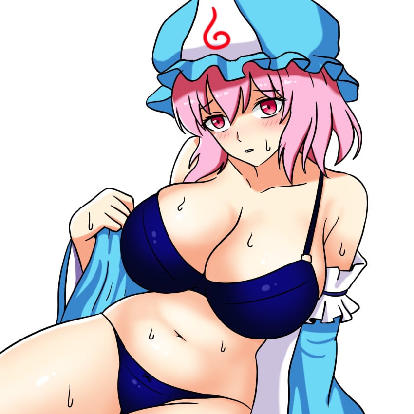 1girls big_breasts black_bra blush blush_lines bra breasts cleavage ehehe52921343 ghost_girl hat light-skinned_female panties partially_clothed pink_eyes pink_hair solo solo_female sweat sweaty_body thick_thighs thighs touhou white_background yuyuko_saigyouji