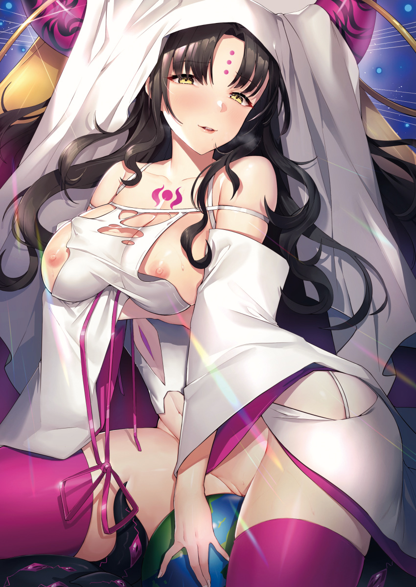 absurdres black_hair breasts center_opening demon_pillar_(fate) detached_sleeves eyebrows_visible_through_hair facial_mark fate/grand_order fate_(series) female forehead_mark globe highres horns huge_filesize iiiroha large_breasts light_smile lips long_hair long_sleeves nipples no_bra no_panties open_mouth purple_legwear saliva sesshouin_kiara skindentation solo sparkle sweat tattoo thighhighs veil wavy_hair