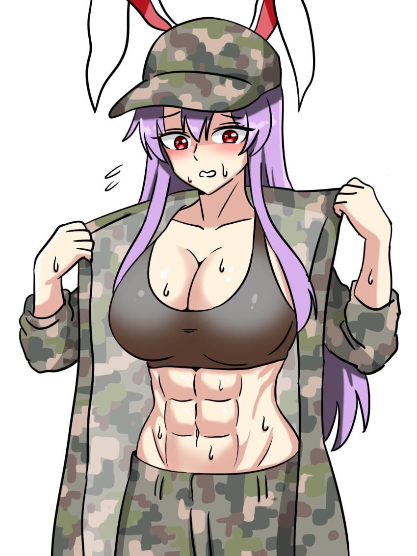 1girls abs big_breasts breasts bunny_ears bunny_girl cleavage clothed_female ehehe52921343 hat light-skinned_female long_hair military_hat military_uniform muscular_female purple_hair red_eyes reisen_udongein_inaba solo solo_female sports_bra sweat touhou white_background