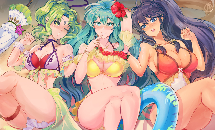 3girls alternate_costume aqua_eyes aqua_hair artist_logo beach beach_towel bedroom_eyes bikini black_hair blue_eyes blue_hair blush blushing breasts cleavage crossed_legs dark-skinned_female dark_skin eirika_(fire_emblem) eirika_(summer)_(fire_emblem) fire_emblem fire_emblem:_the_sacred_stones fire_emblem_heroes flower flower_in_hair flower_on_head green_eyes green_hair high_ponytail highres huge_breasts l'arachel_(fire_emblem) l'arachel_(summer)_(fire_emblem) large_breasts looking_at_viewer lying medium_breasts multiple_girls nintendo official_alternate_costume on_back one-piece_swimsuit parasol pink_swimsuit red_bikini red_flower revolverwingstudios smile swim_ring swimsuit take_your_pick tan tana_(fire_emblem) tana_(summer)_(fire_emblem) thick_thighs umbrella white_bikini white_swimsuit yellow_bikini yellow_swimsuit