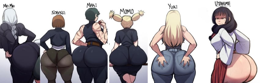 6girls ass ass_chart ass_comparison ass_parade big_ass blackwhiplash edit female female_only huge_ass jujutsu_kaisen kugisaki_nobara mei_mei_(jujutsu_kaisen) multiple_girls nishimiya_momo pantylines text utahime_iori yuki_tsukumo zenin_maki