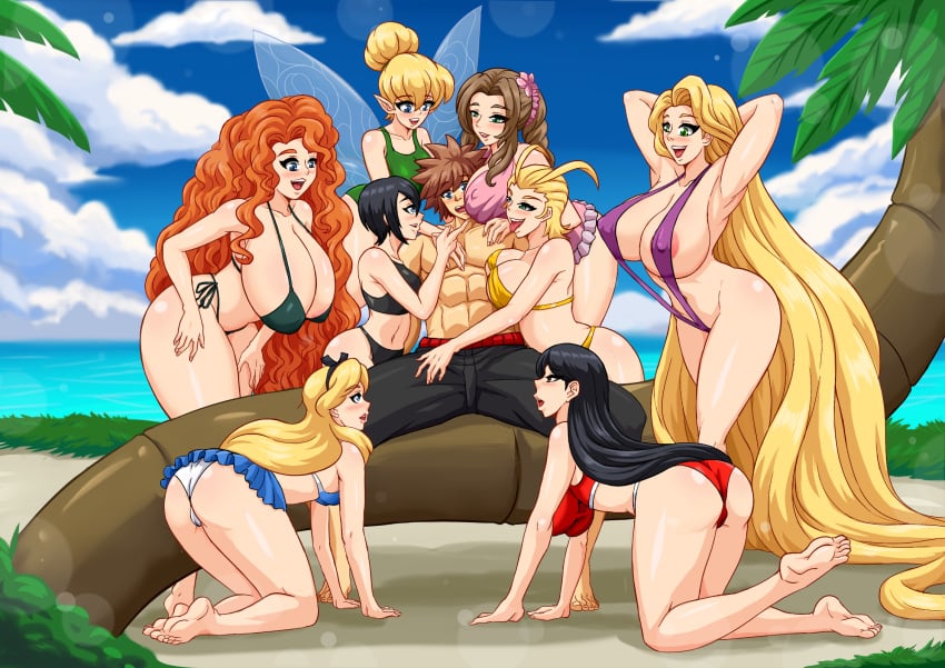 1boy 6+girls 8girls aerith_gainsborough age_difference alice_in_wonderland alice_in_wonderland_(1951_film) alice_liddell asian asian_female ass beach big_breasts bikini bikini_bottom bikini_top black_bikini black_hair blonde blonde_female blonde_hair blue_bikini brave breast_smother breast_squish breasts breasts_bigger_than_head brown_hair brunette brunette_hair butt disney fa_mulan fairy fairy_wings female final_fantasy_vii final_fantasy_vii_rebirth final_fantasy_vii_remake finger_on_chin flower_in_hair green_bikini harem huge_breasts kingdom_hearts kingdom_hearts_358/2_days kingdom_hearts_chain_of_memories kingdom_hearts_ii kingdom_hearts_iii kneeling_female larxene long_hair long_legs male male/female massive_breasts membrane_(anatomy) membranous_wings merida mulan multiple_girls muscular_male nipple_slip peter_pan_(disney) pink_bikini ponytail rapunzel red_bikini rud-k short_hair size_difference sling_bikini slingshot_swimsuit sora spiky_hair square_enix swimming_trunks swimsuit swimwear tangled thick_ass thick_hips thick_legs thick_thighs tinker_bell tongue tongue_out wide_hips wide_thighs wings xion