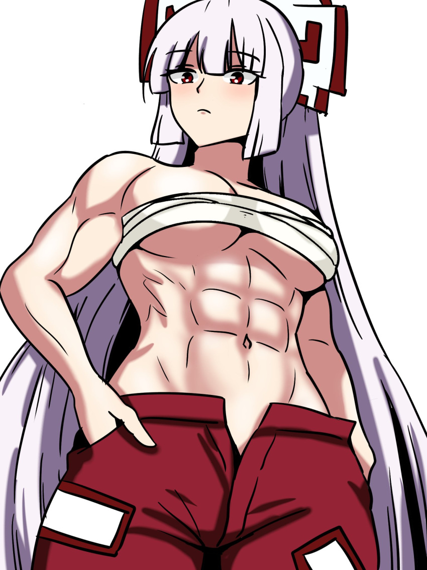 1girls abs big_breasts breasts ehehe52921343 fujiwara_no_mokou light-skinned_female long_hair mature_female muscular_female pants red_eyes sarashi solo solo_female touhou underboob white_background white_hair