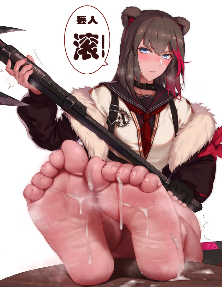 1girls animal_ears arknights axe barefoot bear_ears bear_girl belt_collar blue_eyes brown_hair collar condom_wrapper cum cum_on_body cum_on_feet cum_on_lower_body cum_on_soles feet female fringe fur-trimmed_jacket fur_trim heavy_breathing highres holding_axe jacket looking_at_viewer multicolored_hair pale-skinned_female petite pov_feet red_hair rosaline seductive_eyes seductive_mouth solo steaming_body streaked_hair teenager toes two_tone_hair zima_(arknights)