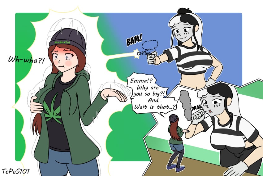 2girl 2girls 3_panel_comic beanie belly_button black_and_white_clothing black_and_white_hair black_and_white_shirt black_eyes blue_eyes brown_hair deviantart emma_(tepes101) face_paint green_jacket hand_on_breast jacket jeans marijuana marijuana_blunt marijuana_fumes midriff mime navel shrink shrink_ray size_difference tepes101 weed weed_smoke white_body white_girl white_skin white_woman