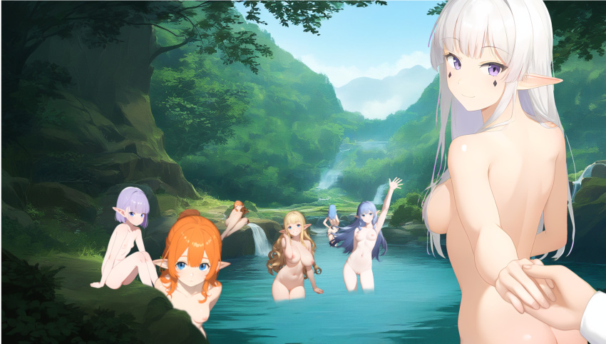 6+girls ai_generated blonde_hair blue_hair elf everyone group_picture highres multiple_girls non-web_source orange_hair original pointy_ears purple_hair white_hair