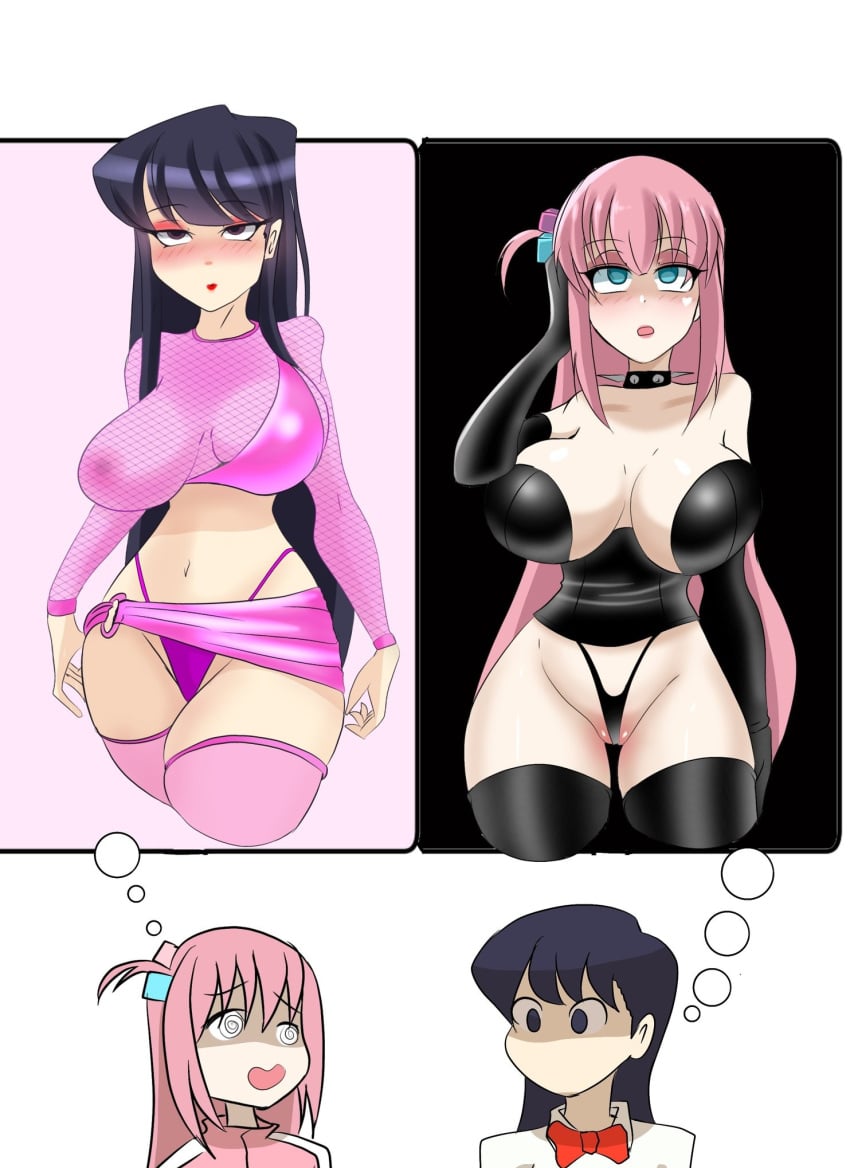 2girls black_hair blush bocchi_the_rock! breasts gotou_hitori huge_breasts inkrait komi-san_wa_komyushou_desu komi_shouko navel pink_hair shy wide_hips