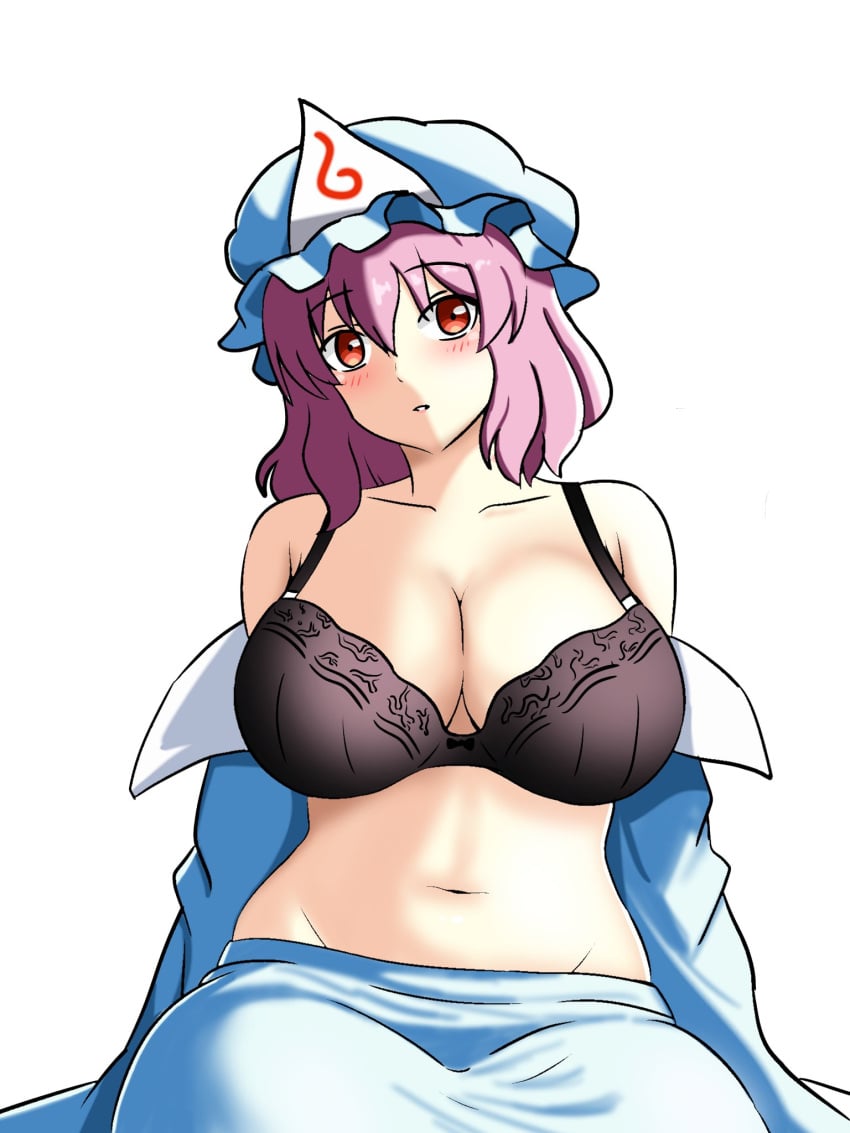 1girls big_breasts black_bra blush blush_lines bra breasts cleavage clothed_female ehehe52921343 ghost_girl hat light-skinned_female pink_eyes pink_hair solo solo_female touhou white_background yuyuko_saigyouji