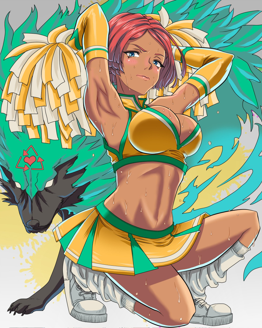 1girls artist_request blue_eyes blush blushing brazilian brazilian_female cheerleader cheerleader_uniform cleavage dark-skinned_female dark_skin embarrassed female giovanna_(guilty_gear) guilty_gear guilty_gear_strive kneeling pom_poms red_hair rei_(guilty_gear) sweat