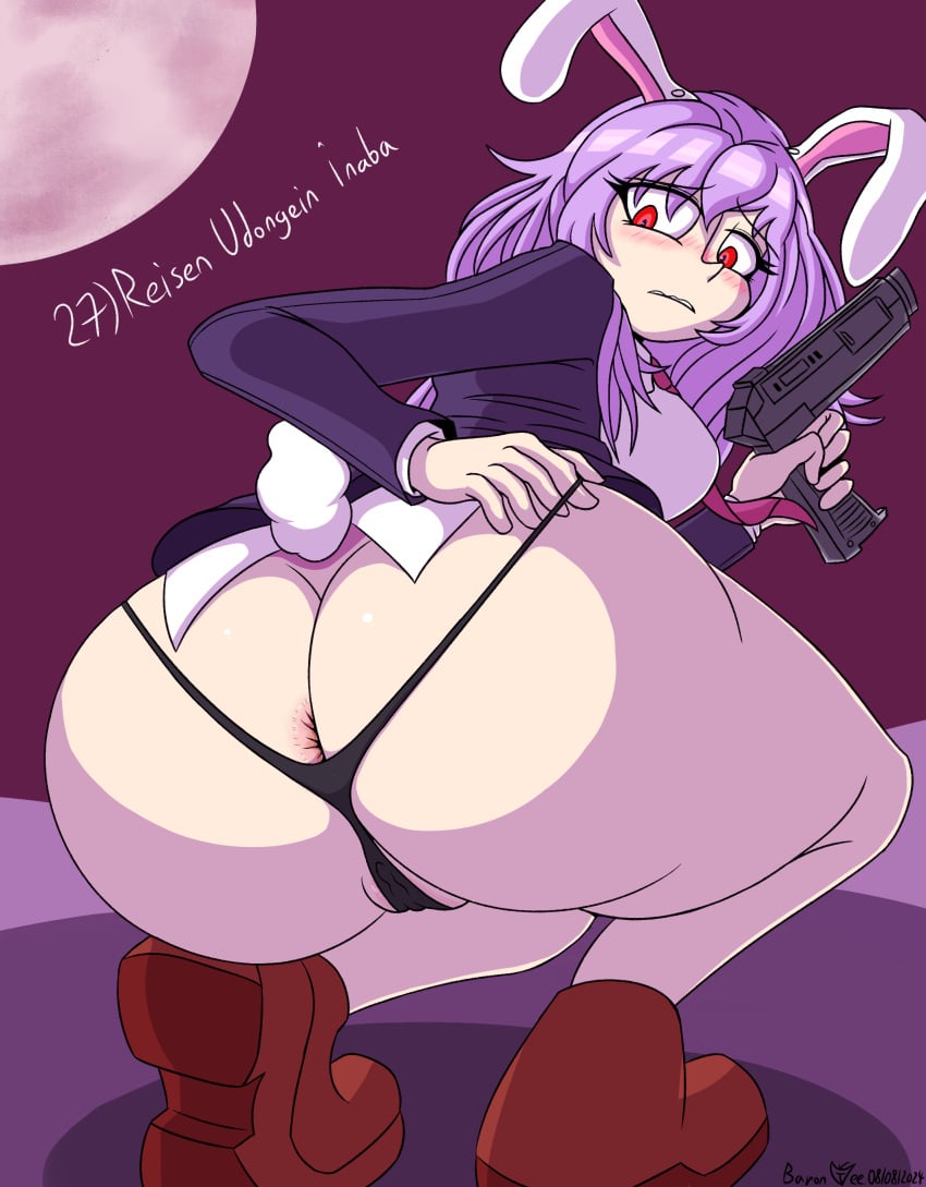 1girls 2020s 2024 anal_access anal_only anal_only_panties anus backless_panties baron_vee black_panties bunny_girl butt_crack digital_media_(artwork) embarrassed female female_only gun huge_ass purple_hair red_eyes reisen_udongein_inaba squatting suit thong touhou