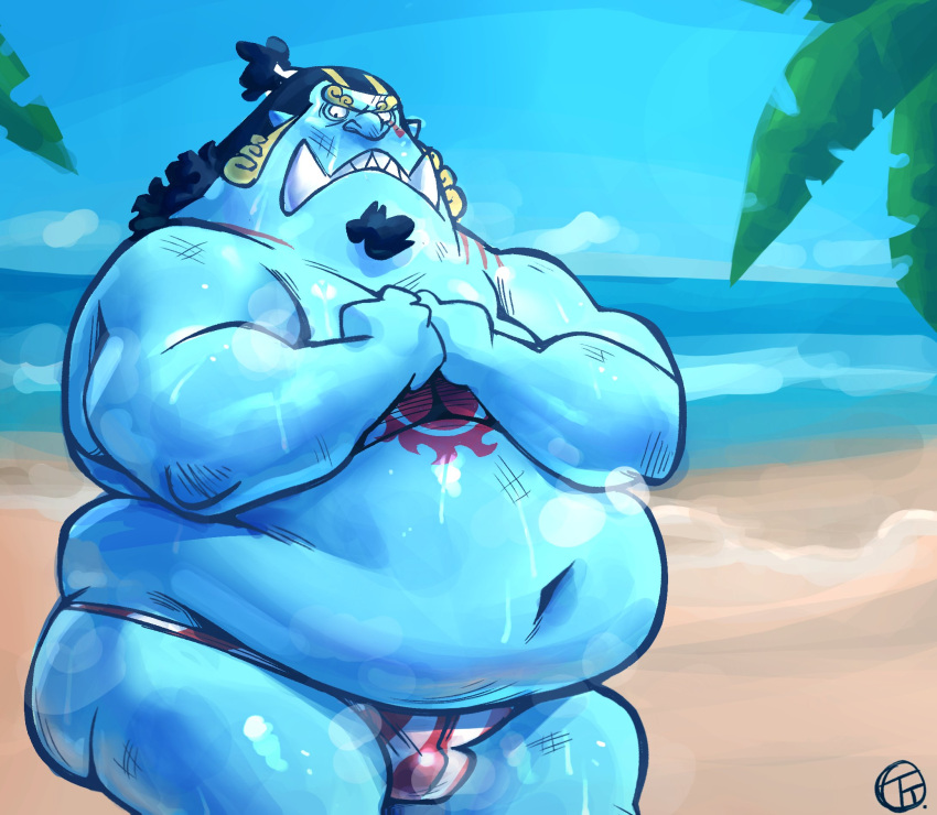 1boy 1male barely_clothed beach beach_background beard beard_stubble blue_body bulge chubby chubby_cheeks chubby_male fat fat_man fish-men_(one_piece) flaccid gay jinbe long_hair long_hair_male long_haired long_haired_male looking_down male male_focus male_only obese obese_male one_piece overweight overweight_male partially_clothed partially_clothed_male shiny shiny_body shiny_skin solo solo_focus solo_in_panel solo_male sweat sweating sweaty sweaty_body tattoo tattoo_on_chest tattooed tattooed_chest thong thong_only trashtoonz underbite