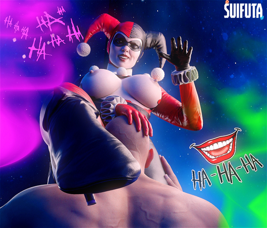 big_breasts breasts_out dc dc_comics dominant_female harley_quinn harley_quinn_(arkham) harley_quinn_(classic) harley_quinn_(injustice) injustice_2 legs_up licking_pussy male_on_female pale-skinned_male suifuta