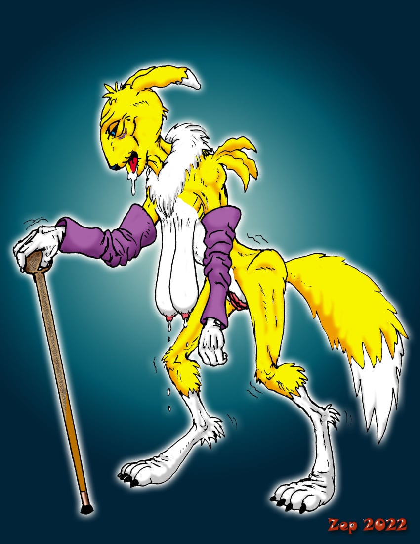 absurd_res aged_up anthro armwear bandai_namco black_sclera blue_eyes bodily_fluids breasts cane canid canine clothing decrepit digimon digimon_(species) drooling elderly elderly_female emaciated female fox frail fur hi_res lactating mammal milk purple_armwear purple_clothing renamon sagging_breasts saliva senile shaking solo trembling tuft wcd1959_(artist) weak weak_knees white_body white_fur wrinkles yellow_body yellow_fur