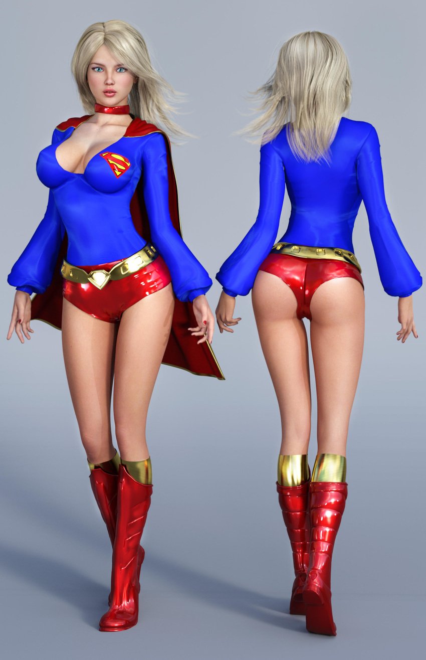 3d ass back_view big_breasts blonde_hair blue_eyes blue_shirt boots booty_shorts breasts busty cape choker cleavage collar curvaceous curvy dc dc_comics eyeshadow from_behind front_view hot_pants kara_danvers kara_zor-el large_breasts long_hair makeup mascara nail_polish pink_lips red_boots red_cape red_choker red_collar red_nail_polish red_nails red_shorts shirt short_shorts shorts signature standing supergirl superman_(series) surprised thighs tiangtam tiptoes voluptuous walking