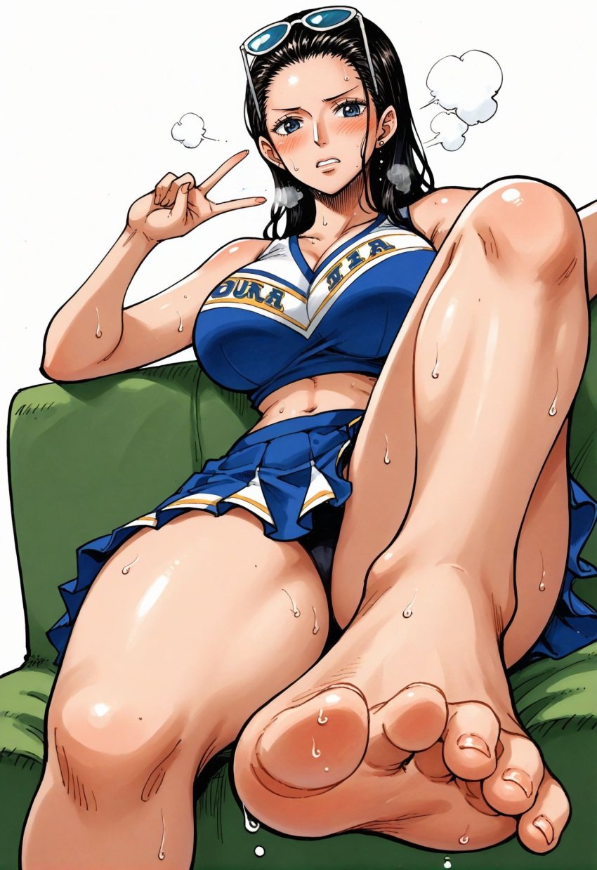 ai_generated alluring almost_naked almost_nude black_hair blue_eyes blush breasts cheerleader cheerleader_costume cheerleader_outfit cheerleader_uniform cheerleading_uniform feet female female_only foot_fetish foot_focus long_hair looking_at_viewer nico_robin one_leg_up one_piece peace_sign seducing seduction seductive seductive_body seductive_eyes seductive_gaze seductive_look seductive_mouth seductive_pose shiny_hair shiny_skin sitting sitting_on_couch steamy_breath sunglasses sunglasses_on_head sweat sweatdrop sweating sweaty sweaty_body voluptuous voluptuous_female yashin