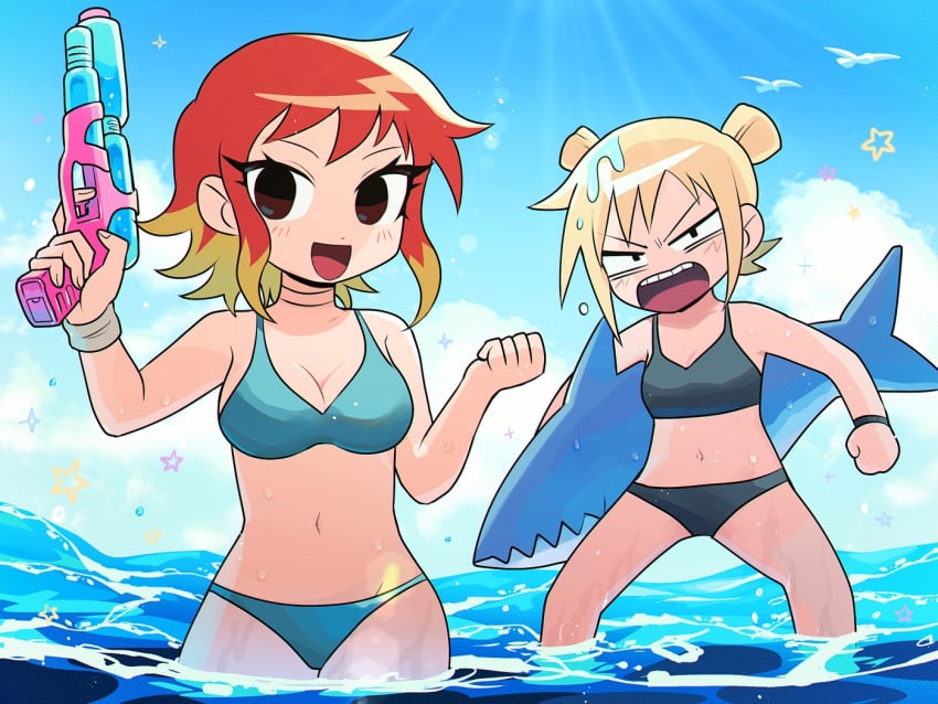 2girls :d arms_up bikini black_bikini black_eyes blonde_hair blue_bikini blush brown_eyes female female_only g-tsurius hair_bun holding_object inflatable multiple_girls ocean orange_hair partially_submerged ramona_flowers roxanne_richter scott_pilgrim seagull short_hair star two_tone_hair water water_gun wet wet_body wet_hair yellow_hair