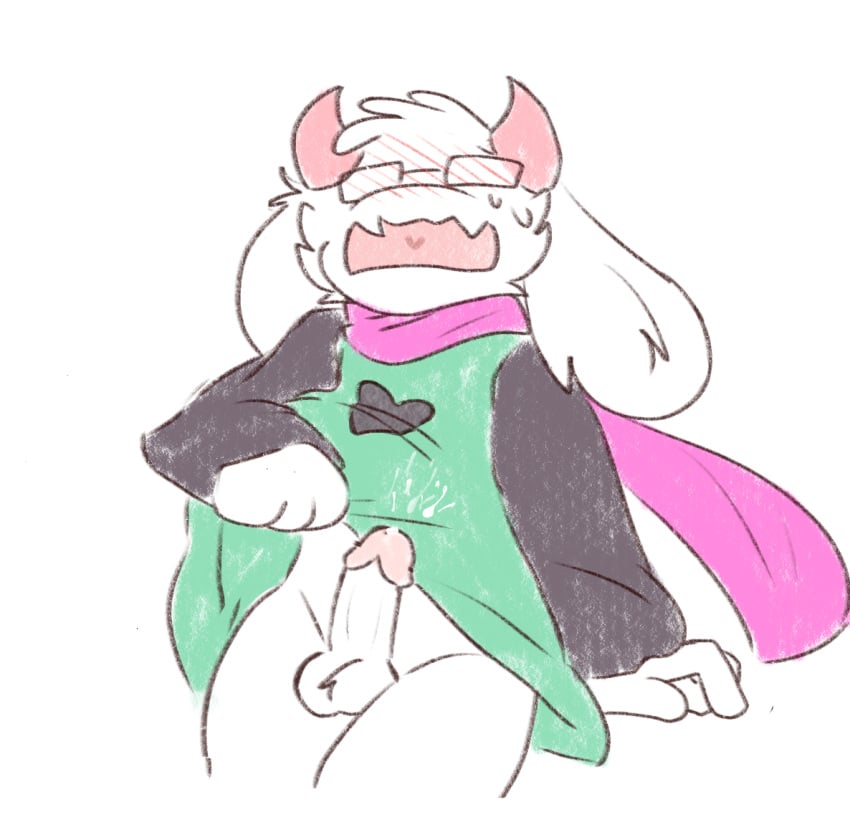 1boy blush clothed cum deltarune furry glasses green_clothing horns long_ears male male_only pink_horns pink_tip ralsei ralsei_(deltarune) ralsei_with_white_fur scarf solo teenager toby_fox white_fur