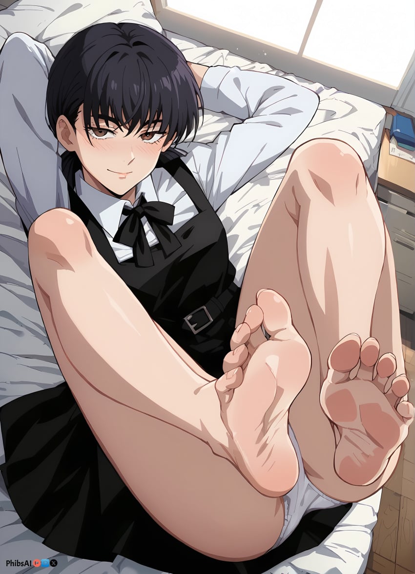 ai_generated ass bangs barefoot belt black_dress black_hair blush bowtie brown_eyes chainsaw_man dress feet feet_up female foot_focus indoors legs legs_up long_sleeves looking_at_viewer lying mitaka_asa on_back panties phibsai pov_feet shirt smile soles solo stable_diffusion toes underwear white_panties white_shirt