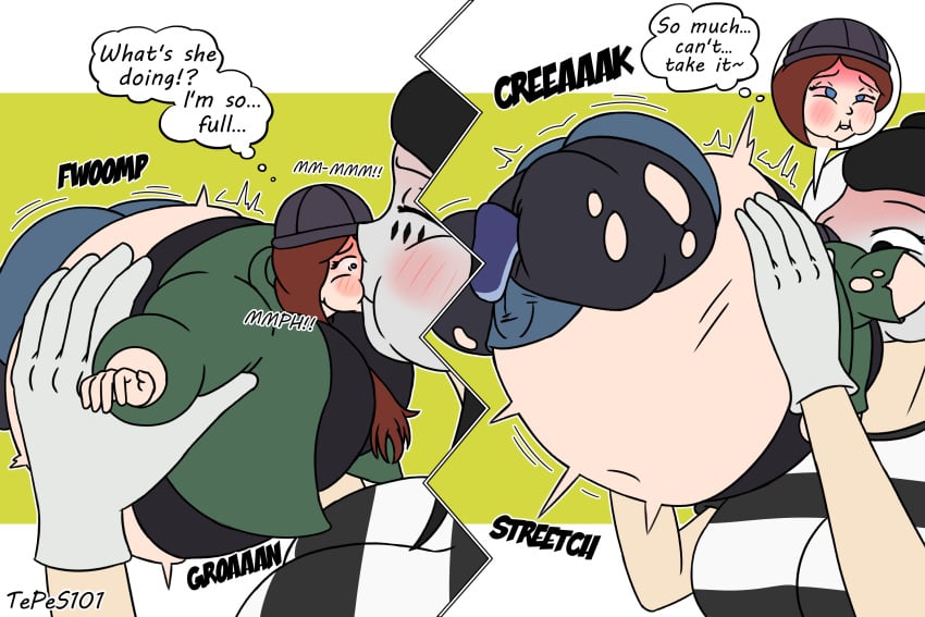 2girl 2girls 3_panel_comic beanie belly_button black_and_white_clothing black_and_white_hair black_and_white_shirt black_eyes blue_eyes brown_hair deviantart emma_(tepes101) face_paint green_jacket inflation inflation_fetish inflation_sounds jacket jeans midriff mime navel puff_kiss shrink size_difference tepes101 white_body white_girl white_skin white_woman