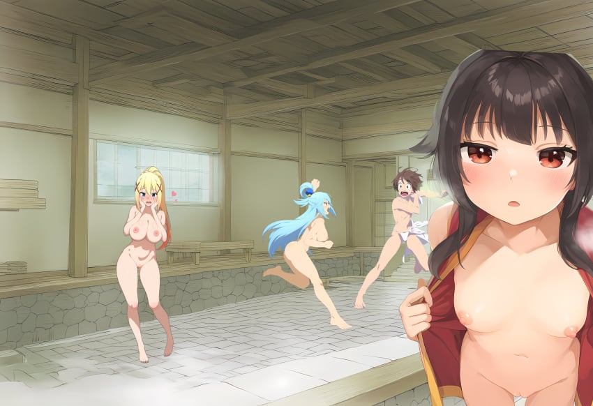 1boy 3girls absurdres ai_generated aqua_(konosuba) darkness_(konosuba) highres kono_subarashii_sekai_ni_shukufuku_wo! megumin multiple_girls non-web_source onsen