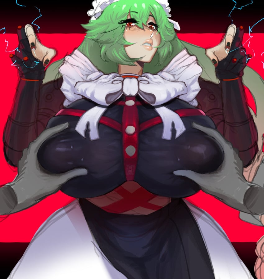 1girls 2d 2d_(artwork) alexandrina_sebastiane big_breasts breasts clothed clothing disembodied_hand female female_focus female_only grabbing grabbing_breasts green_hair light-skinned_female light_skin maid maid_headdress maid_uniform mcflarey simple_shading victoria_housekeeping zenless_zone_zero