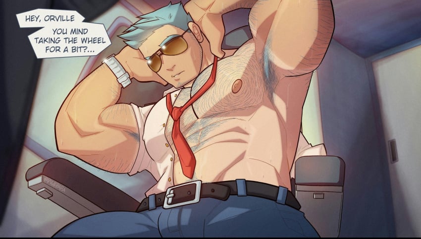 animal_crossing armpit_hair armpits bara bulge flaccid gijinka hands_behind_head male male_focus male_only muscles muscular nintendo sitting solo solo_male speech_bubble sunglasses sweat sweating vvulfbara wilbur_(animal_crossing)