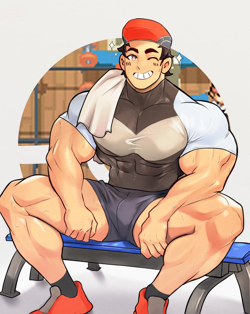 balls bara big_penis blush bulge flaccid kingdom_velvet lucas_(pokemon) male male_only muscles muscular muscular_male nintendo penis pokemon sitting solo solo_male sweat sweating