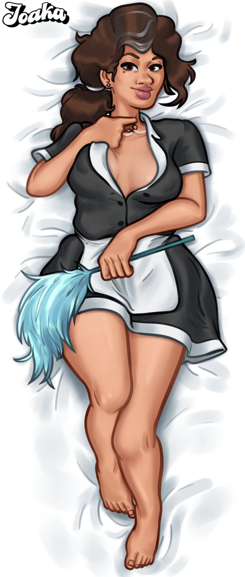 1boy 2d 2d_(artwork) alternate_version_available big_breasts body_pillow bodypillow breasts brown_hair cleavage clothed clothing consuela_(summertime_saga) curvaceous curves curvy curvy_body curvy_female curvy_figure digital_drawing_(artwork) digital_media_(artwork) female female_focus female_only holding_object joakadraws latina latina_female latina_milf laying_down laying_on_back laying_on_bed light-skinned_female light_skin looking_at_viewer maid maid_dress maid_outfit maid_uniform milf on_back on_bed outfit pose posing smile smiling summertime_saga thick_thighs watermark