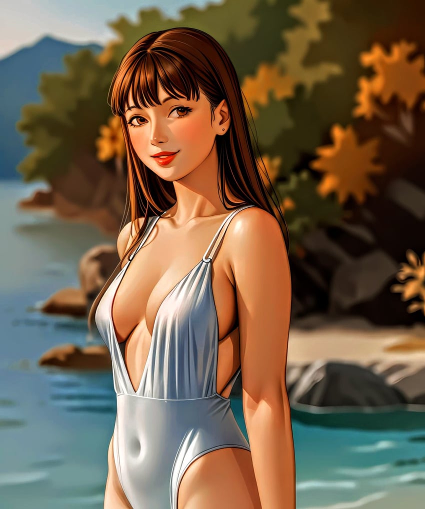 1girls ai_generated artist_request bare_arms beach breasts brown_eyes brown_hair character_request cleavage earring female female_human female_only highleg_swimsuit highres human large_breasts long_hair mature nature navel_outline one-piece_swimsuit outdoors outside public rocks sideboob smile solo source_request standing swimsuit tagme thighs tree water white_swimsuit woman