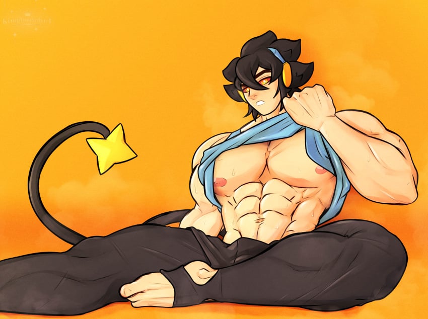 balls bara big_penis bulge flaccid furry gijinka kingdom_velvet luxray male male_only muscles muscular muscular_male musk nintendo penis pokemon pokemon_(cosplay) shirt_lift sitting solo solo_male tail