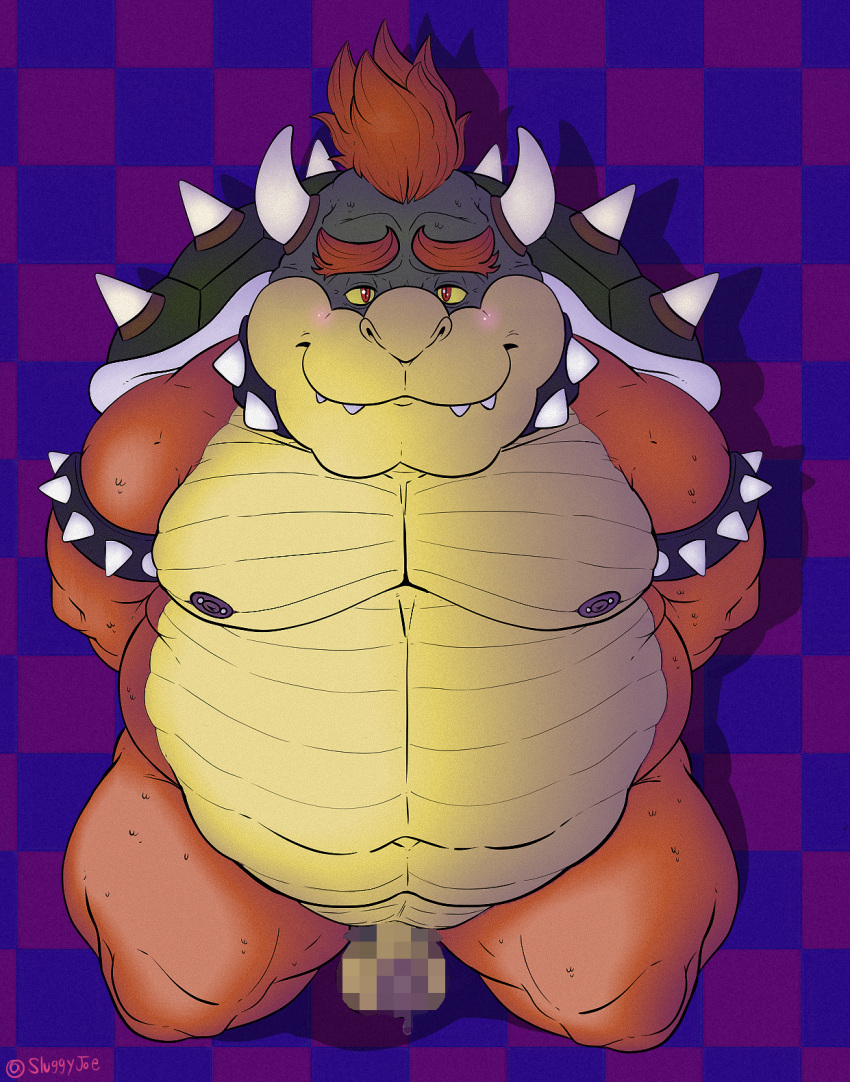 1boy 2024 alternate_version_available anthro anthro_only arms_behind_back bara bedroom_eyes belly_button big_balls big_belly big_glans big_thighs bowser censored censored_balls censored_genitalia censored_penis checkered_background chubby chubby_male circumcised collar digital_drawing_(artwork) digital_media_(artwork) erect_nipples erect_penis erection fat fat_belly from_above front_view ginger green_head horns koopa male male_only mario_(series) monster moobs navel nintendo non-human non-human_only non-mammal_balls non-mammal_breasts obese obese_male orange_body overweight overweight_male pierced_nipples piercing pose posing precum purple_glans purple_nipples red_eyes red_hair reptile scalie scalie_only shell simple_background sitting_on_knees small_penis smile smiling_at_viewer solo spiked_bracelet spiked_collar spiked_hair spiked_shell stocky submissive_male super_mario_bros. thick_thighs turtle yellow_sclera