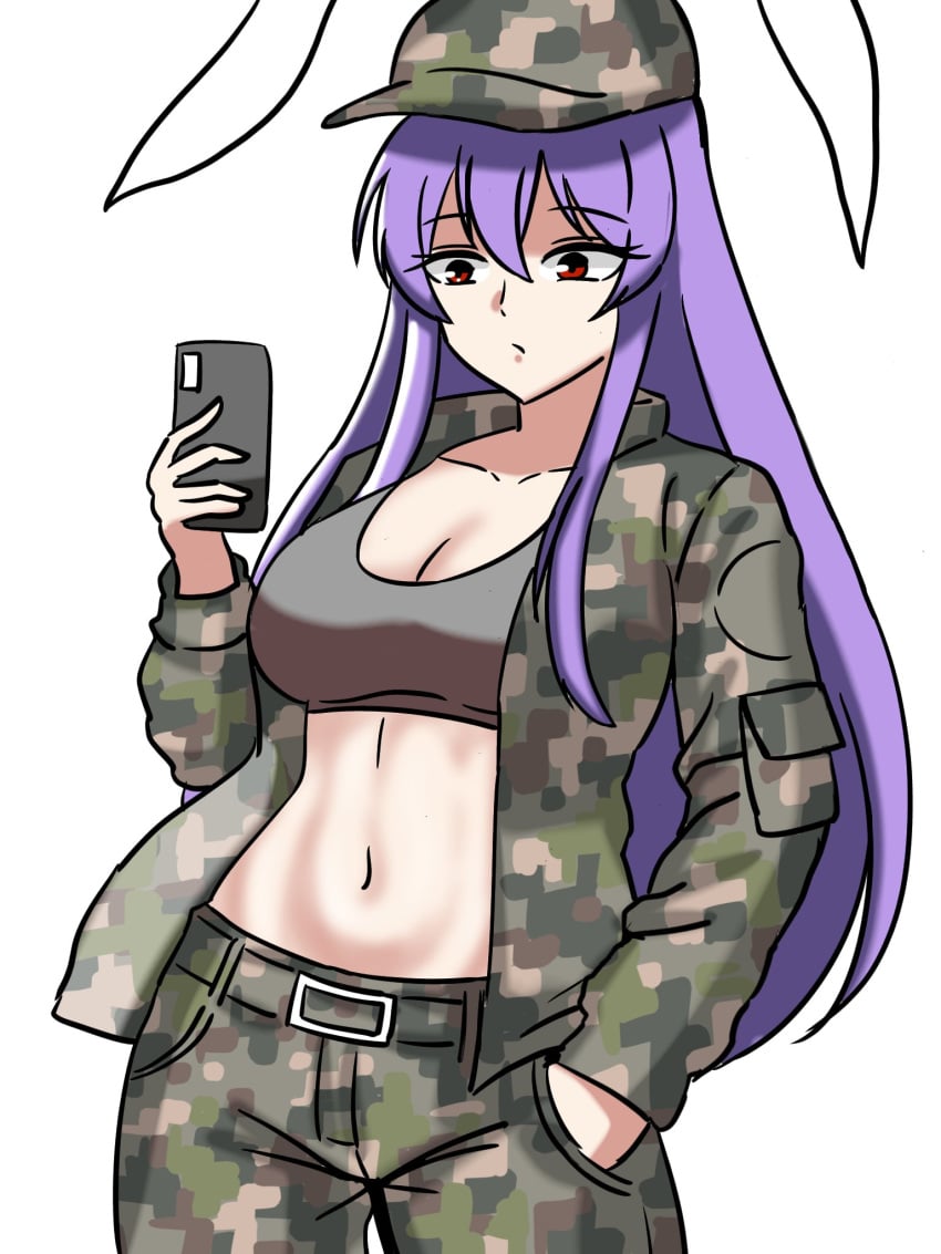 1girls big_breasts breasts bunny_ears bunny_girl cleavage clothed_female curvy curvy_female ehehe52921343 hat holding_phone light-skinned_female long_hair military_hat military_uniform phone purple_hair red_eyes reisen_udongein_inaba solo solo_female sports_bra touhou white_background