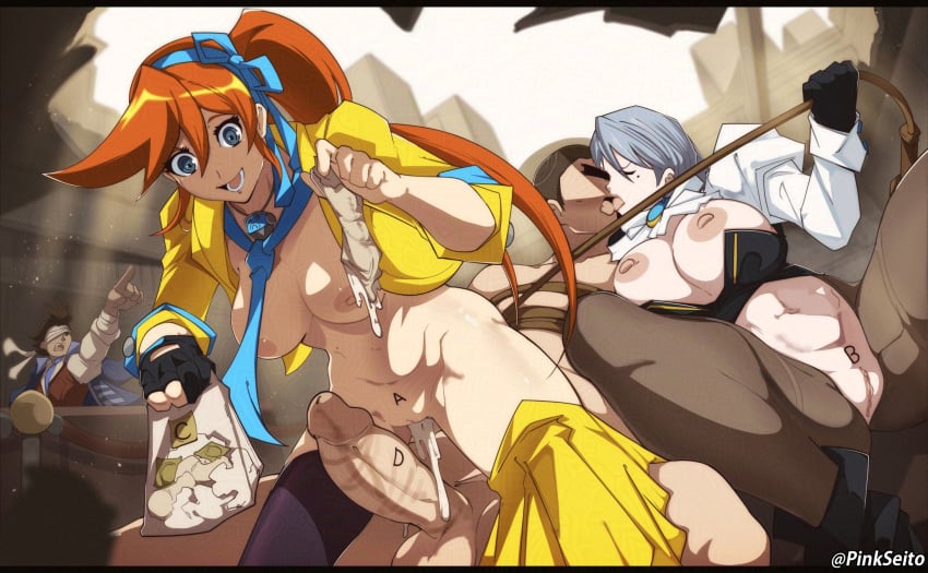 1boy 2girls ace_attorney anime_style anus apollo_justice areola ass asymmetrical_hair athena_cykes big_ass big_breasts big_thighs bikini blue_eyes blue_hair breast_expansion breasts butt cleavage cum cum_in_pussy cum_inside earrings female female_only franziska_von_karma gyakuten_saiban hair_ornament huge_ass huge_breasts huge_thighs karuma_mei nipple_bulge nipples orange_hair penetration penis penis_in_pussy pinkseito pussy sex shirt_open short_hair smile tagme thick_hips thick_thighs thighs very_long_hair whip