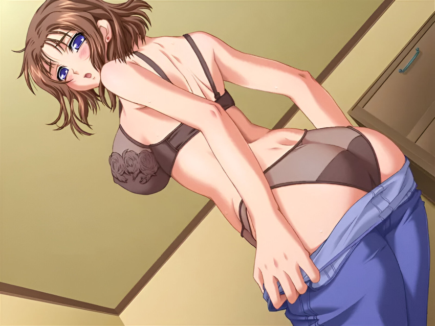 ass back back_view bare_back bare_belly big_breasts blue_eyes blush bra breasts brown_bra brown_hair brown_panties embarrassed game_cg kashima_aoi milf mole mole_under_eye mother official_art open_mouth panties removing_pants short_hair soukan_yuugi thighs underwear undressing yoshino_keiko