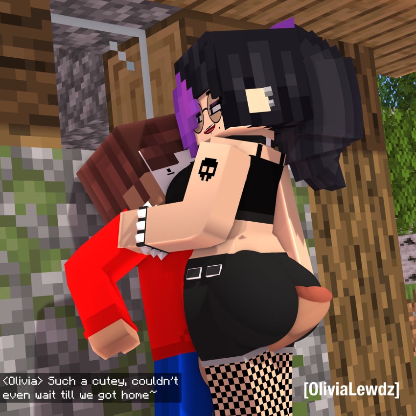 beauty_mark belt big_penis black_hair black_shorts black_tank_top blue_pants boobs_pressed dick dyed_hair ear_piercing earrings female fishnets glasses jean_shorts jorts lip_piercing lipstick makeup male mascara minecraft minecraft_xxx olivia_(olivialewdz) olivialewdz outside paperface_(paperboy) penis piercing purple_hair red_hoodie skull_tattoo spiked_bracelet spikes tall_female tall_girl tattoo thigh_job village