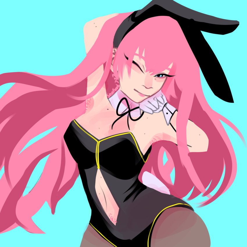 artist_signature artist_upload beauty_mark blue_eyes body_hair bunnysuit digital_drawing_(artwork) drawing female female_only mature_female mature_woman megurine_luka no_nudity no_sex pink_hair pinup png pubic_hair sea_food777 sole_female suggestive vocaloid