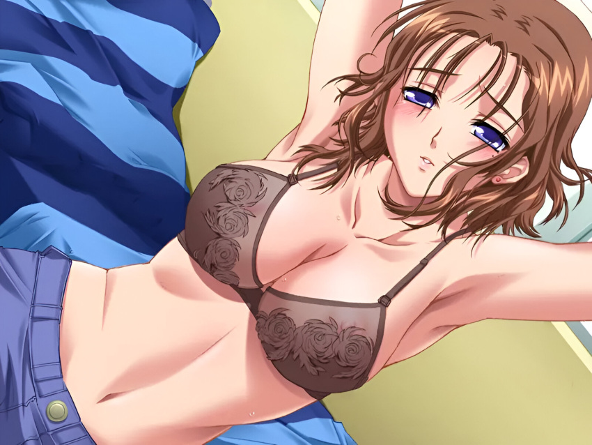 armpits arms_up bare_belly bare_shoulders belly_button big_breasts blue_eyes blush bra breasts brown_bra brown_hair cleavage collarbone earrings game_cg hip_bones jeans kashima_aoi lipstick milf mole mole_under_eye mother official_art parted_lips short_hair soukan_yuugi sweatdrop underwear undressing yoshino_keiko