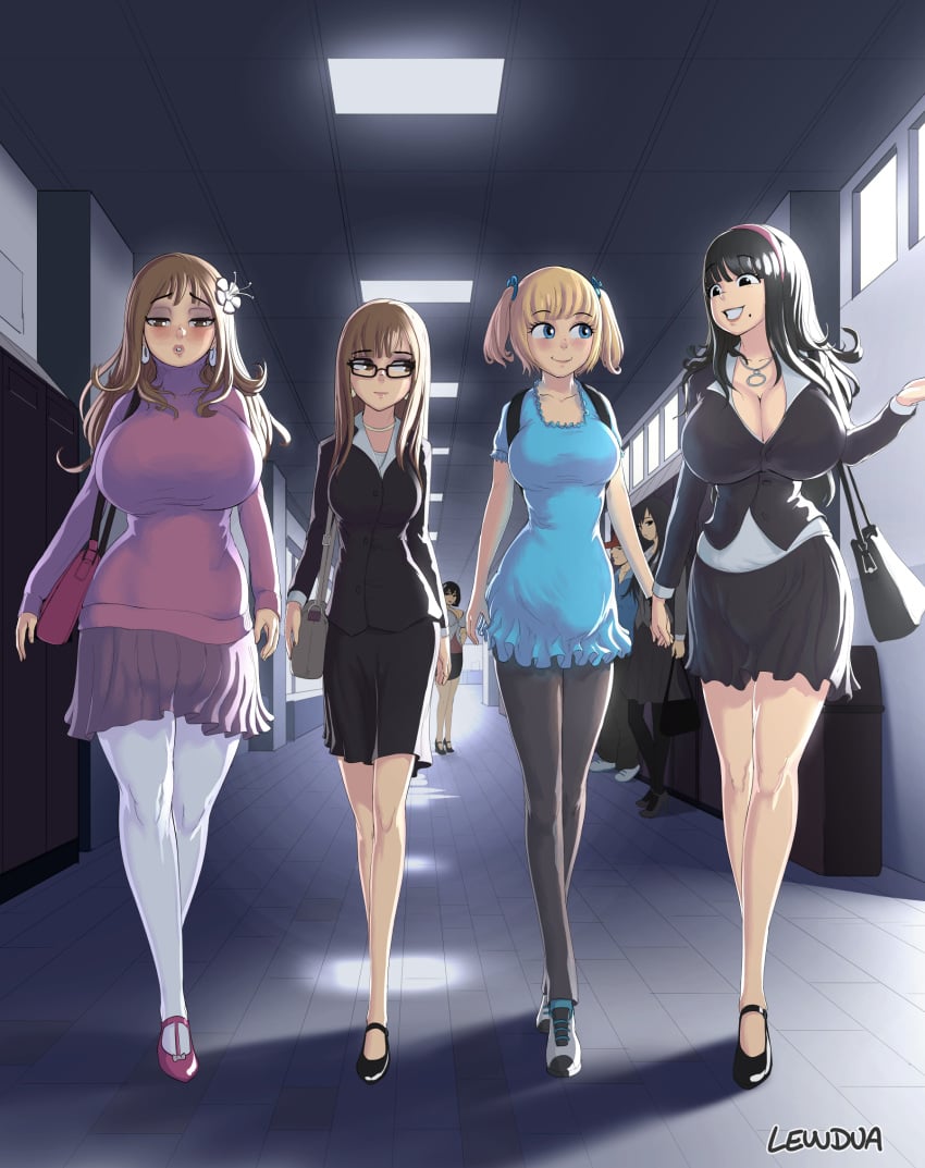 1boy 2girls 4futas alice_(lewdua) alison_(lewdua) artist_name big_breasts black_eyes black_hair black_legwear blonde_hair blue_eyes blush brown_eyes brown_hair bulge business_suit cleavage clothed clothing curvy david_(lewdua) dickgirl dress eyelashes eyewear full_cleavage futanari glasses group heels high_heels highres huge_breasts intersex karen_(lewdua) large_breasts legs lewdua lips lipstick long_hair makeup mole mole_under_mouth morgan_rosewood_(lewdua) natasha_(lewdua) nessie_(lewdua) open_mouth original plump school school_uniform schoolgirl sisters skirt sweater teenager thick_thighs tight_clothing tights white_legwear