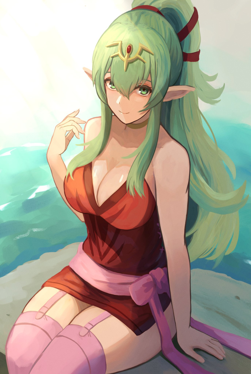 cleavage fire_emblem fire_emblem_awakening green_eyes green_hair labebebe_lee large_breasts looking_at_viewer nintendo ponytail thick_thighs thighs tiki_(adult)_(fire_emblem) tiki_(fire_emblem)