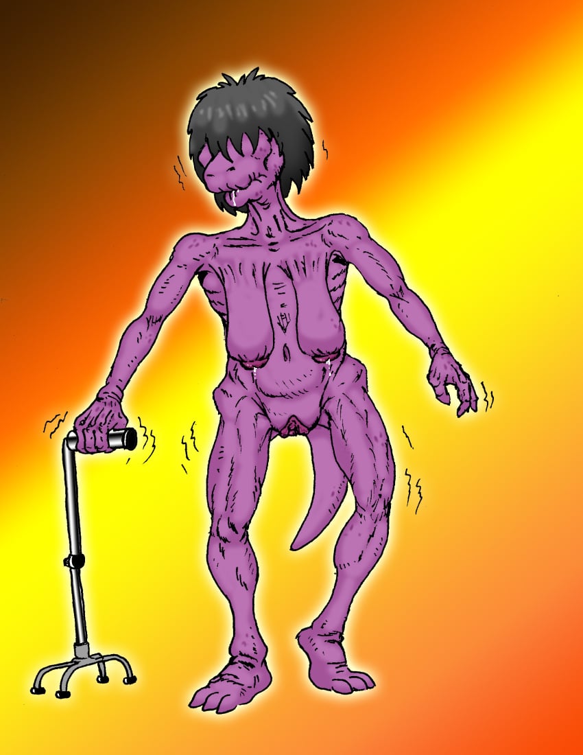 absurd_res anthro bodily_fluids breasts cane dairy_products decrepit deltarune drooling elderly elderly_female emaciated female food frail grey_hair hair hi_res leaking leaking_milk liver_spots lizard milk nipples old purple_body purple_skin reptile sagging_breasts saliva scalie shaking solo susie_(deltarune) trembling undertale_(series) wcd1959_(artist) weak weak_knees wrinkles