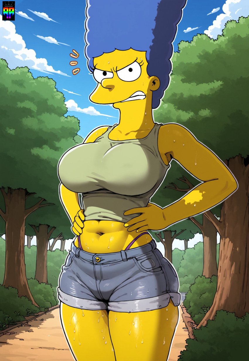 ai_generated big big_ass breasts bubble_butt camisole cute_face furious hair_blue jean_shorts marge_simpson mature_female mommy park public repartz small_waist the_simpsons thick_thighs thong