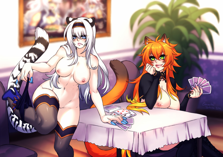 2019 2girls animal_ears areolae blue_eyes breasts cards catheline_(deathblight) crescentia deathblight female female_only green_eyes high_heels lost_bet lost_clothes multiple_girls naked_footwear naked_stockings nipples nude orange_hair playing_card schnee_(deathblight) stockings strip_poker stripping tail thighhighs topless white_hair