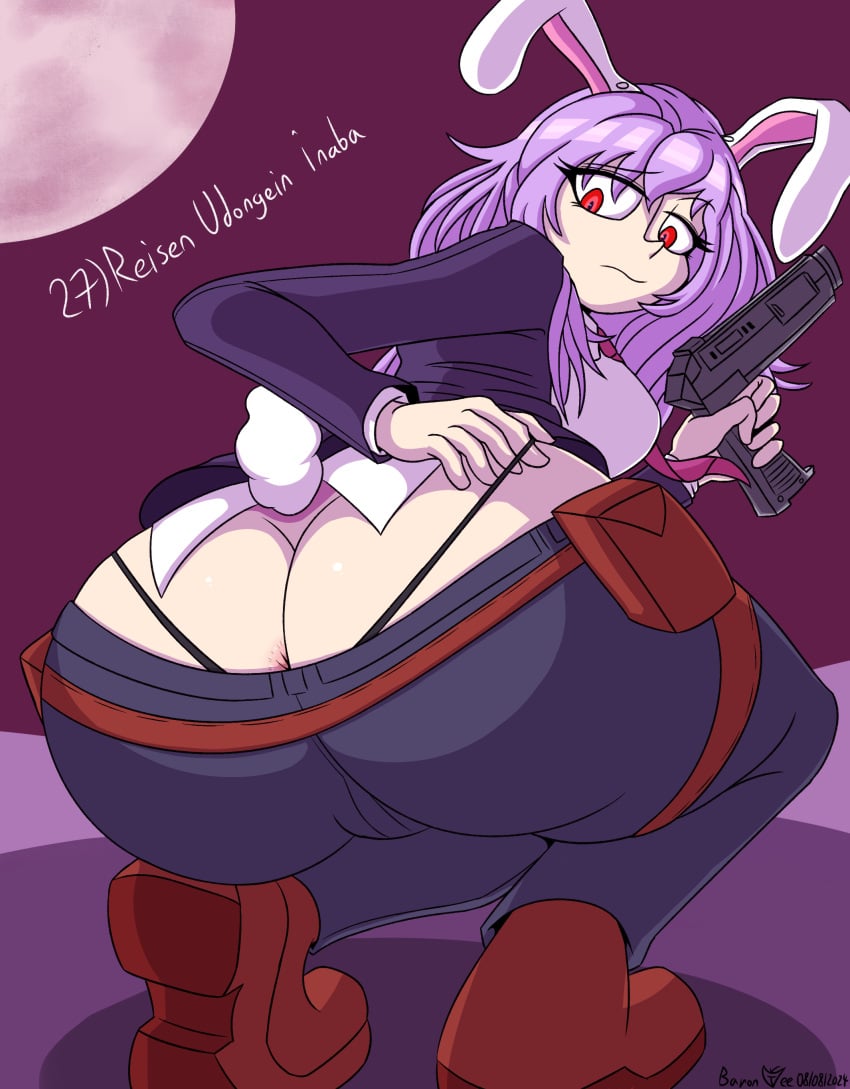 1girls 2020s 2024 anal_access anal_only anal_only_panties anus backless_panties baron_vee black_panties bunny_girl butt_crack digital_media_(artwork) female female_only gun huge_ass pants partially_visible_anus purple_hair red_eyes reisen_udongein_inaba squatting suit thong thong_straps touhou whale_tail