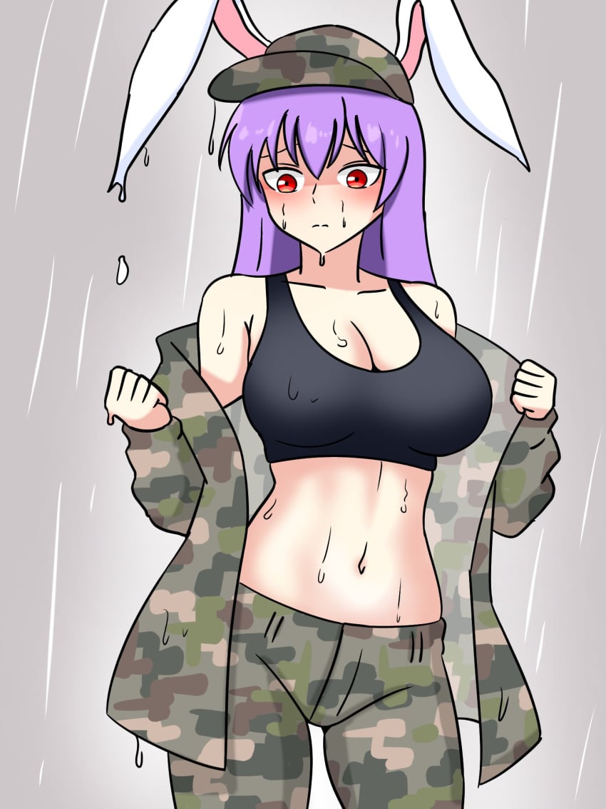 1girls big_breasts breasts bunny_ears bunny_girl cleavage clothed_female curvy curvy_female ehehe52921343 hat light-skinned_female long_hair military_hat military_uniform purple_hair raining red_eyes reisen_udongein_inaba solo solo_female sports_bra touhou wet white_background