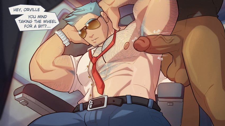 accessory animal_crossing armpit_fetish armpit_hair armpits balls bara belt big_penis blue_hair boner bottomless bulge chest_hair clock clothing erection flaccid gay gijinka hands_behind_head interracial lower_body male male_focus male_only muscles muscular muscular_male nintendo nipples pants pantsless penis sitting speech_bubble sunglasses sweat sweating text tie unbuttoned unbuttoned_shirt upper_body veiny_penis vvulfbara wilbur_(animal_crossing)