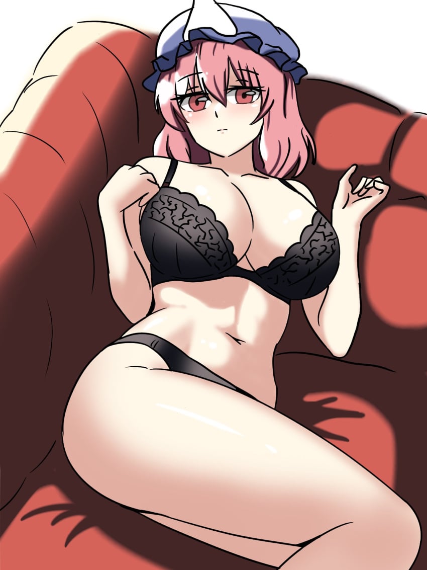 1girls big_breasts black_bra bra breasts couch ehehe52921343 ghost_girl hat laying_down panties pink_eyes pink_hair solo solo_female thick_thighs thighs touhou white_background yuyuko_saigyouji