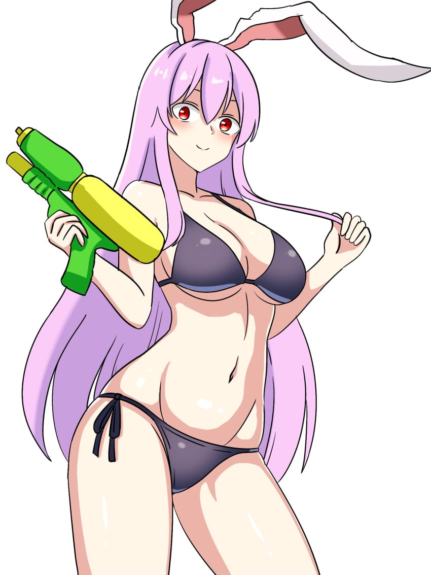 1girls big_breasts bikini breasts bunny_ears bunny_girl ehehe52921343 light-skinned_female long_hair purple_hair red_eyes reisen_udongein_inaba smile solo solo_female thighs touhou water_gun white_background